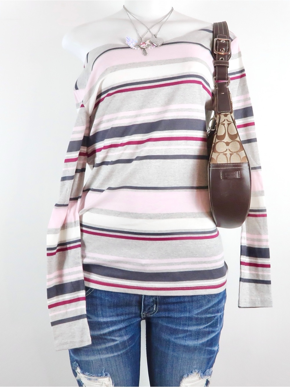 vintage y2k pink gray striped long sleeve top 2000s off shoulder